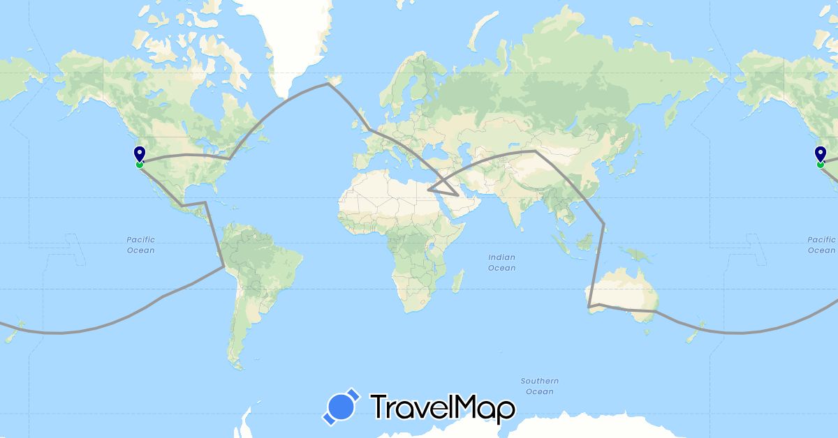 TravelMap itinerary: driving, bus, plane in Australia, Chile, China, Egypt, United Kingdom, Iceland, Mexico, New Zealand, Peru, Philippines, Saudi Arabia, United States (Africa, Asia, Europe, North America, Oceania, South America)